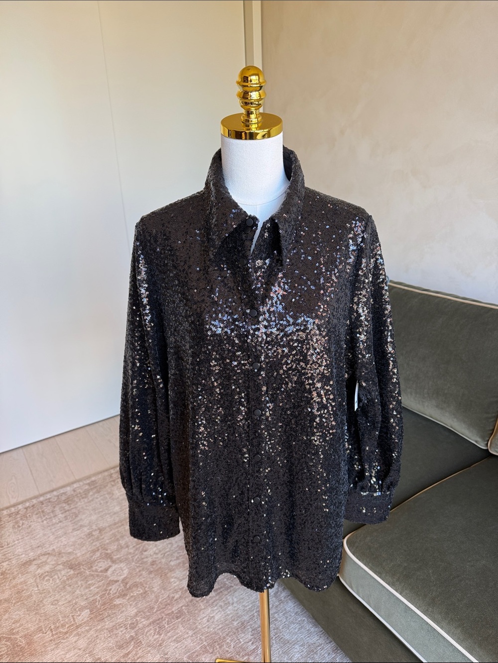 Halogen x Atlantic Pacific Black Sequin Button Down Shirt Top Size XL
